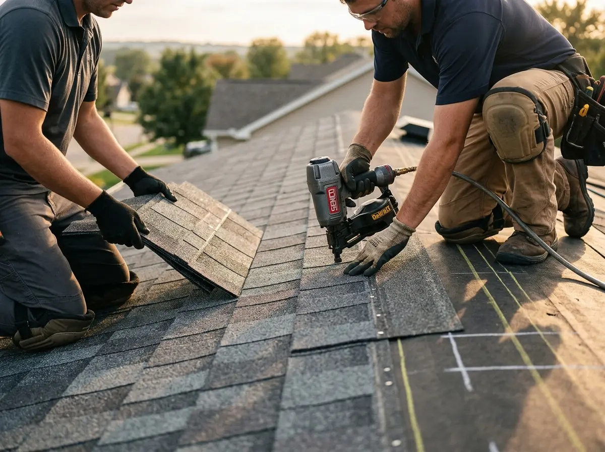 Professional roofer working on a residential roof in Grandwood Park